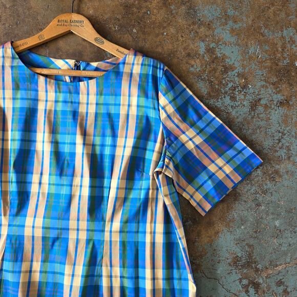 Vintage 60s Style Plaid Midi Dress and Jacket Set Plus Size 1X Blue Gold Satin - Picture 7 of 14